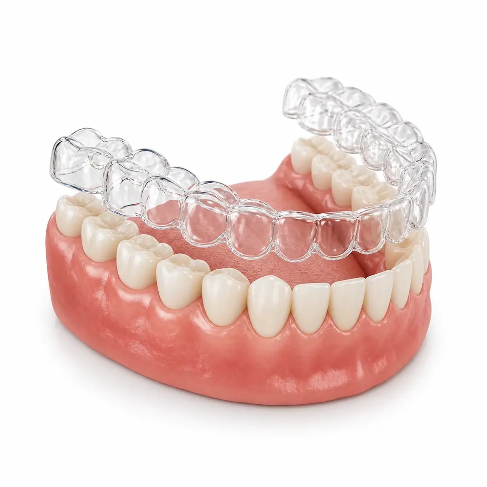 투명교정 장치를 치열에 씌우는 3D 이미지