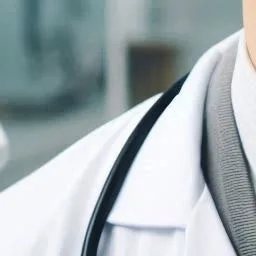 의사 가운과 청진기를 착용한 사람의 어깨 부분