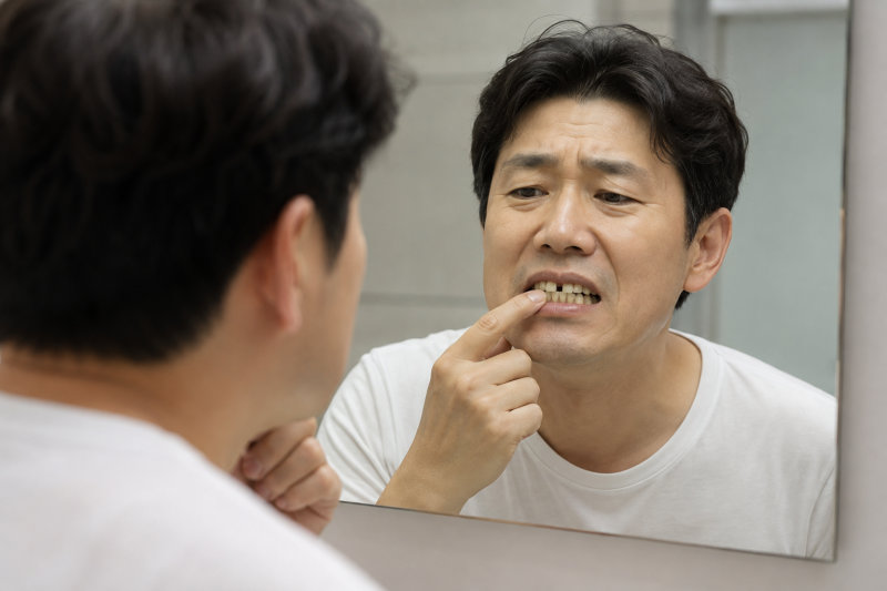 거울을 보며 벌어진 앞니를 손가락으로 가리키는 40대 남성