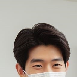 마스크를 착용한 채 미소 짓는 남성 의사의 얼굴 일부