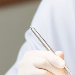 흰색 장갑을 낀 손이 치과용 기구를 잡고 있는 클로즈업 사진