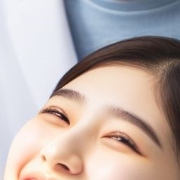 치과 의자에 앉아 위를 보며 환하게 웃는 여성 환자의 얼굴 클로즈업 사진