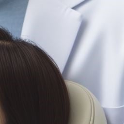 치과 의자에 앉아 있는 여성 환자의 뒷모습과 흰색 의사 가운을 입은 사람의 일부