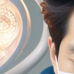 수술등 아래 마스크를 착용한 치과 의사의 얼굴 일부
