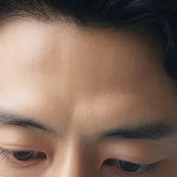 수술등 아래 마스크를 착용한 치과 의사의 눈과 이마